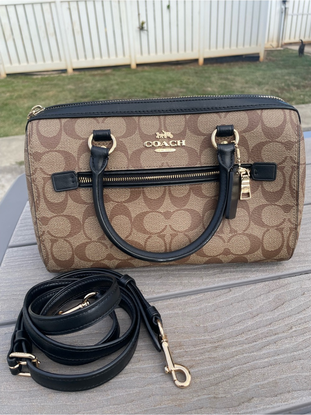 Coach Medium Brown Signature Canvas Rowen  with Black Trim